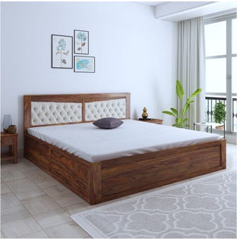 Berlin Solid Wood King Size Bed With Box Storage In Teak