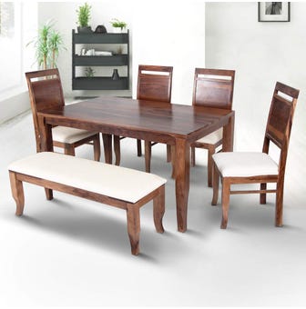 Drishti Solidwood Dining Set 6 Seater With Bench in Walnut Color