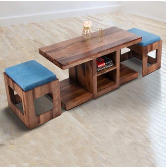 Ollie Solidwood Coffee Table With 2 Stools In Walnut Color