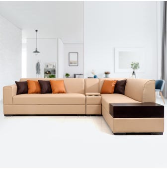 Alden Leatherette Rhs Sofa With Console In Beige
