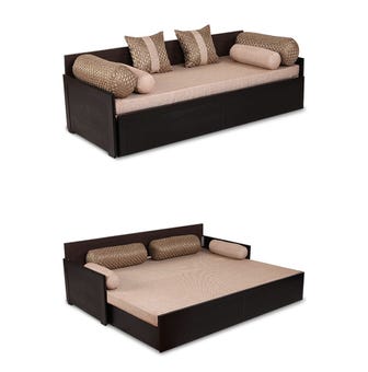 Aster Wooden Double Sofa Bed Waves Jute - Beige & Brown