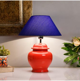Ceramic Pot Shaped Base Orange Table Lamp With Blue Cone Shade, Led Bulb