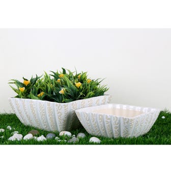 Line Bonsai(2 Pc) Set In Rd Print Ceramic Flower Pot(Color:White)