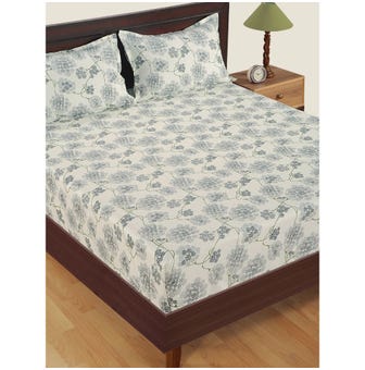 300 TC Floral Print Cotton Double Bed Sheet With 2 Pillow Covers - Off White, Green