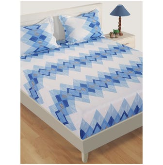 250 TC Geometrical Print Cotton Satin XL Bed Sheet With 2 Pillow Covers - White, Blue