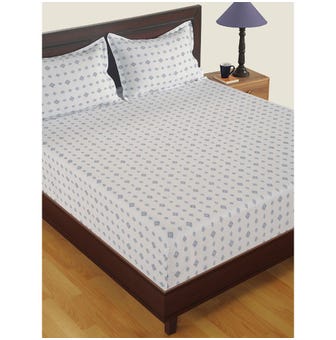 250 TC Motifs Print Cotton Satin Double Bed Sheet With 2 Pillow Covers - White, Blue
