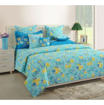 144 TC Floral Print Cotton Single Bed Sheet With 1 Pillow Cover - Turquoise, Yellow