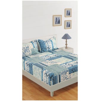 160 TC Seateripe Print Cotton Single Bed Sheet With 1 Pillow Cover - Blue